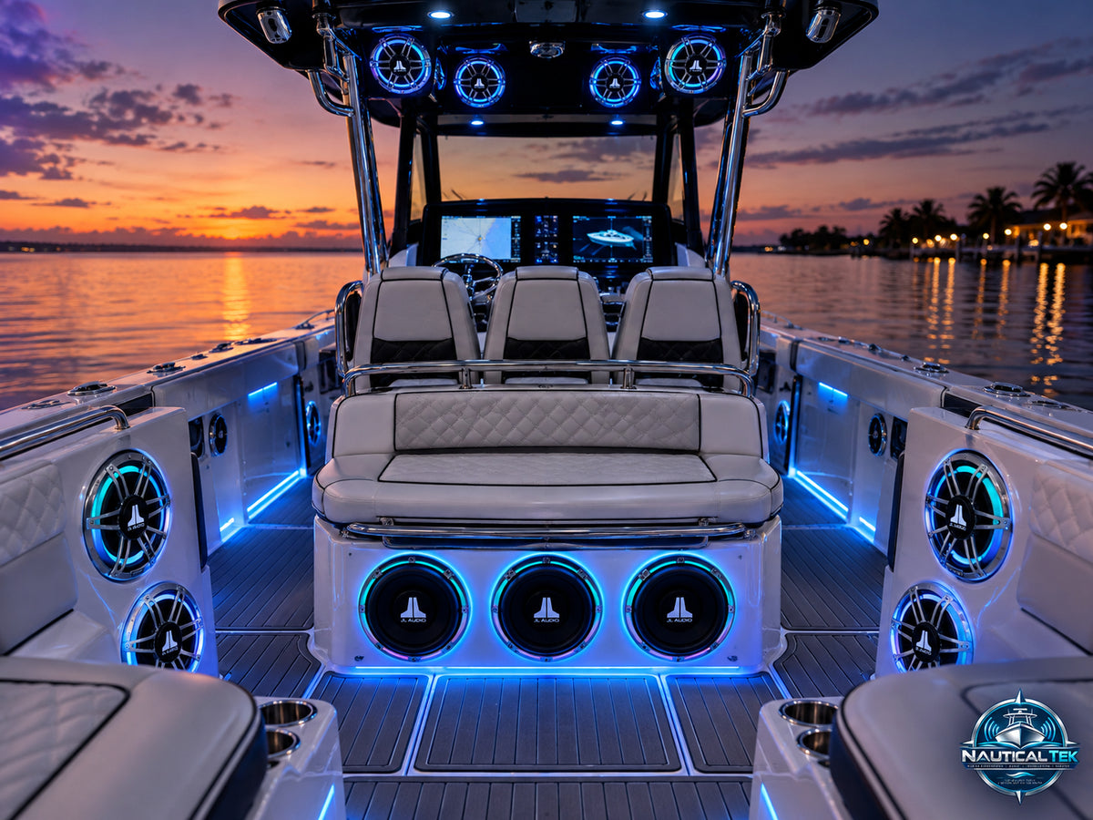 Luxury boat with JL Audio marine speakers and blue LED lighting at sunset | Nautical Tek